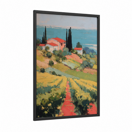 Tuscan Vineyard framed vineyards print — black wood frame — yellow gold and teal palette
