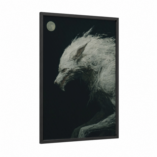 Moonlit Werewolf framed art print — black wood frame — black and white and gray palette