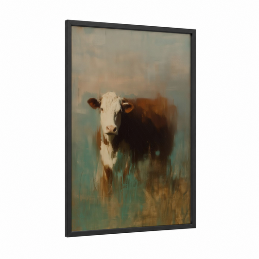 Hereford Pastoral framed hereford cow print — black wood frame — dove gray and russet palette