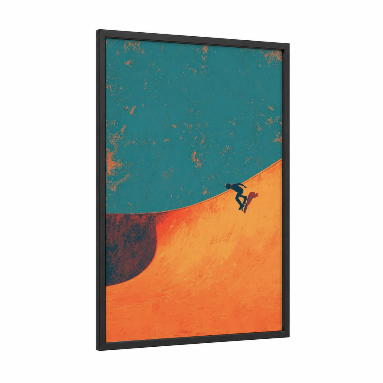 Desert Skater framed skateboarding print — black wood frame — teal and orange palette