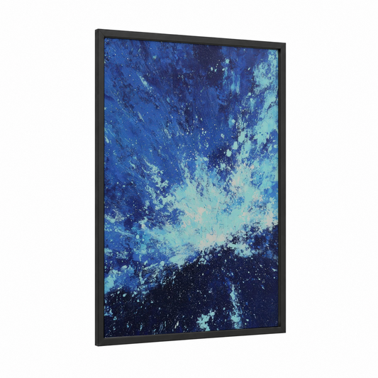 Celestial Explosion framed supernova print — black wood frame — blue and turquoise palette