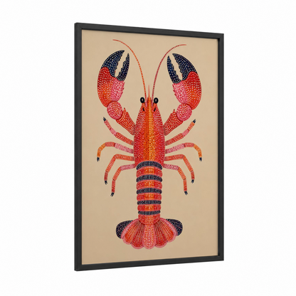Geometric Lobster Dotted Design Wall Art framed crayfish print — black wood frame — red and orange palette