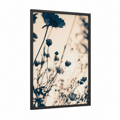 Silhouette Wildflowers framed abstract flower print — black wood frame — cream and dark blue palette