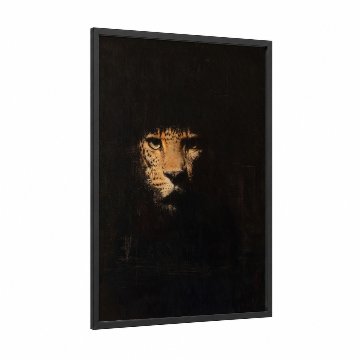 Shadow Leopard framed art print — black wood frame — black and gold palette