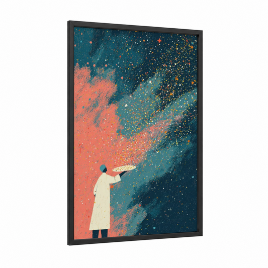 Cosmic Wonder framed galaxy print — black wood frame — teal and salmon pink palette