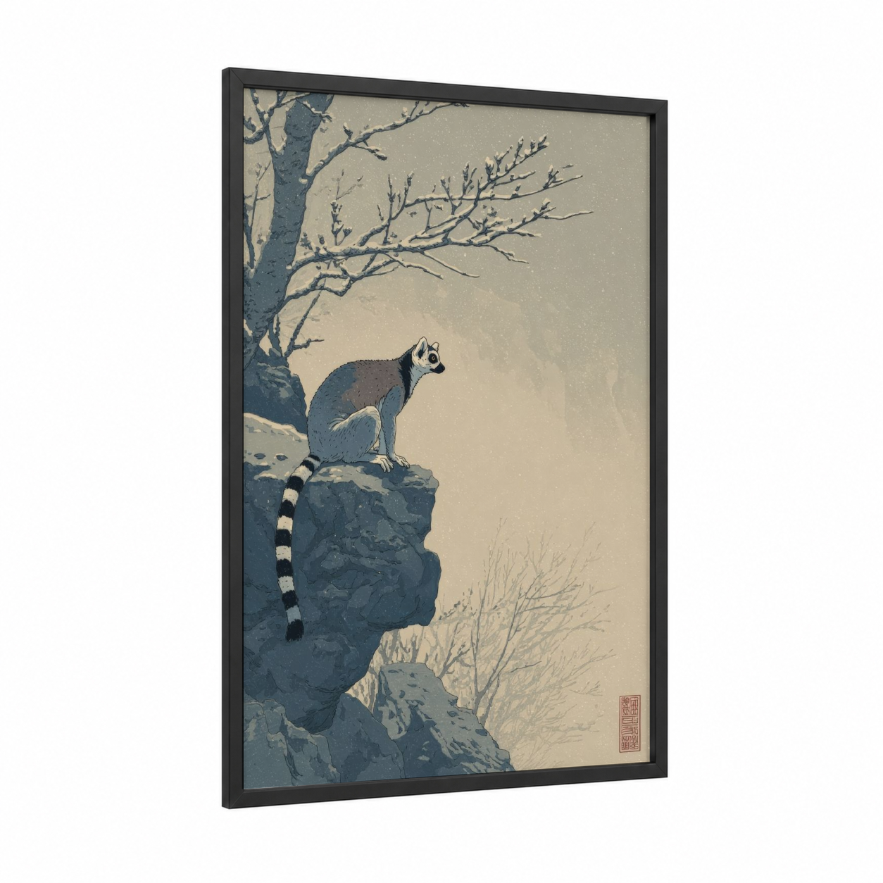 Snowy Lemur Perch framed art print — black wood frame — blue and beige palette