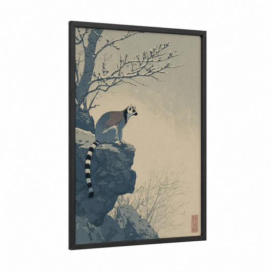 Snowy Lemur Perch framed art print — black wood frame — blue and beige palette