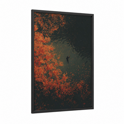 Solitary Swimmer framed swimming print — black wood frame — red and dark blue palette