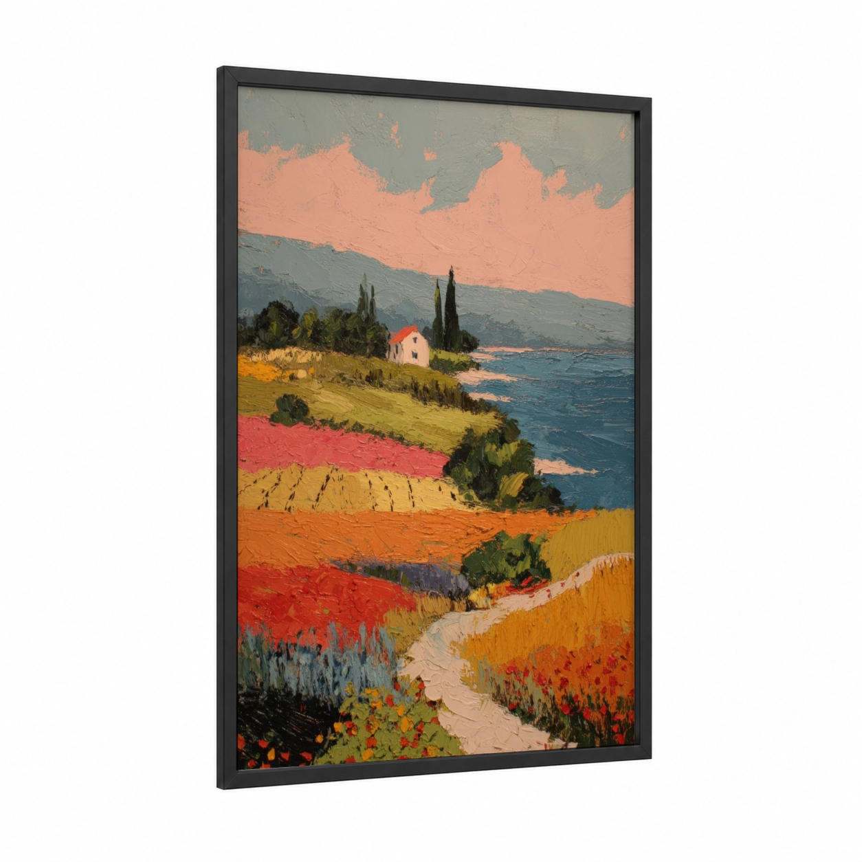 Tuscan Vineyard Sunset framed vineyards print — black wood frame — peach and gold palette