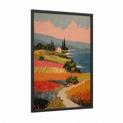 Tuscan Vineyard Sunset framed vineyards print — black wood frame — peach and gold palette