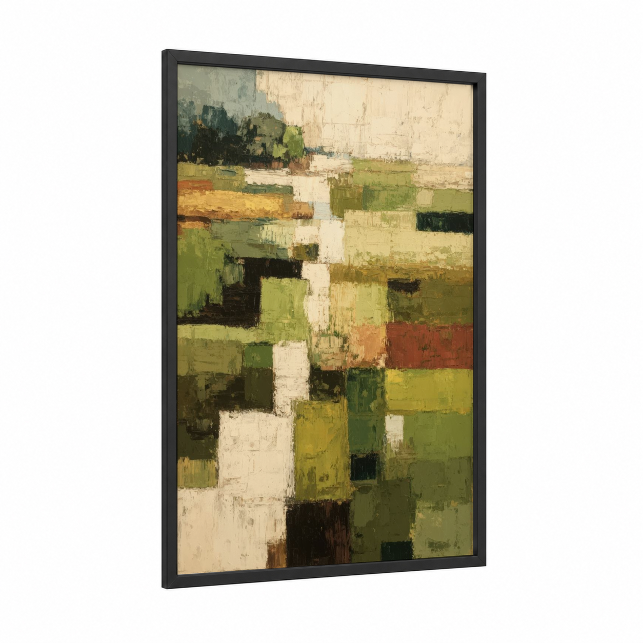 Patchwork Vineyards framed art print — black wood frame — sage green and cream palette