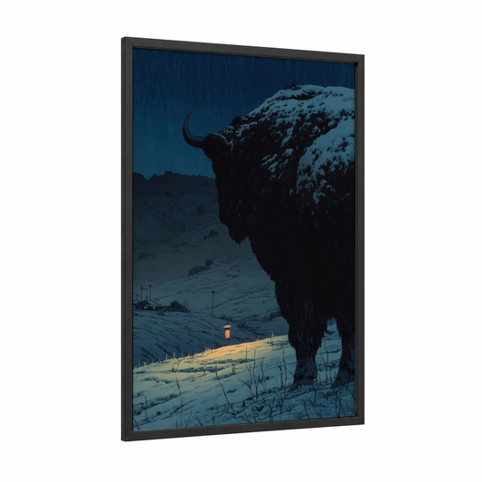 Snowy Angus Guardian framed angus cow print — black wood frame — dark blue and blue and white palette