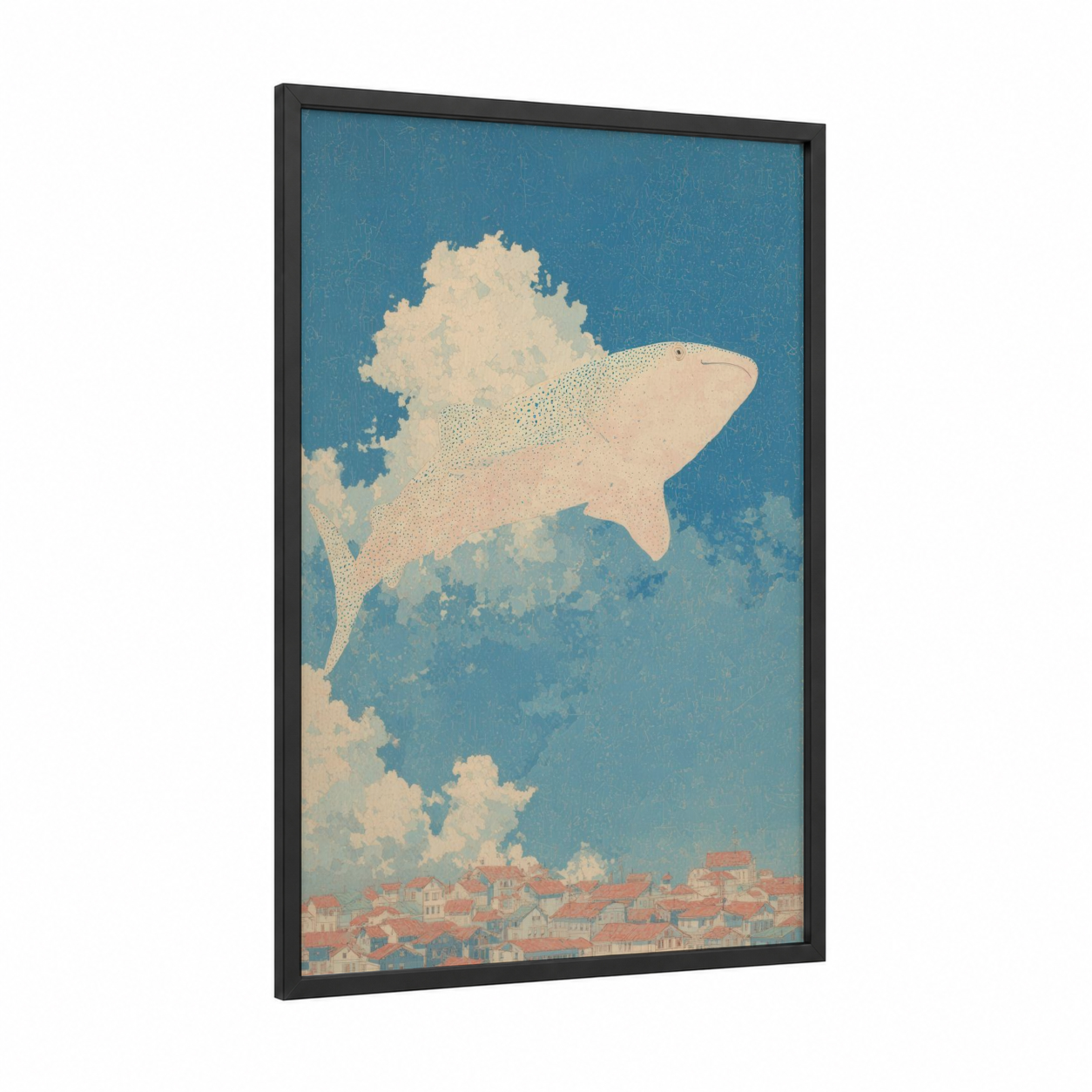 Dreaming Whale Shark framed art print — black wood frame — blue and cream palette