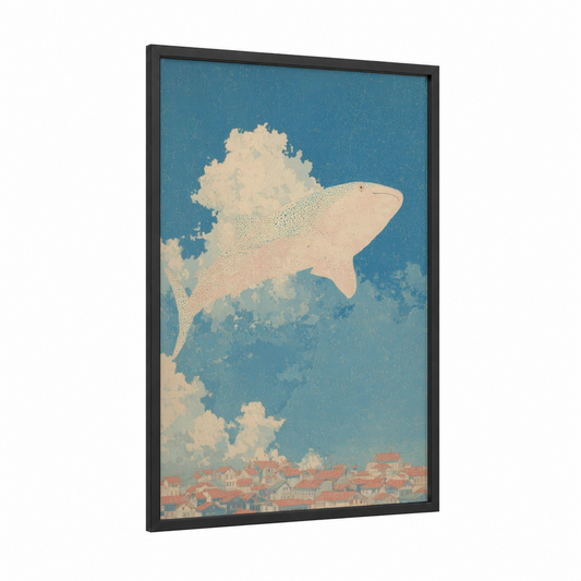 Dreaming Whale Shark framed art print — black wood frame — blue and cream palette