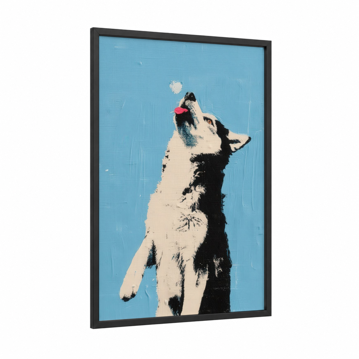Playful Husky framed art print — black wood frame — blue and white and black and white palette