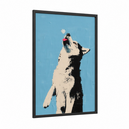 Playful Husky framed art print — black wood frame — blue and white and black and white palette