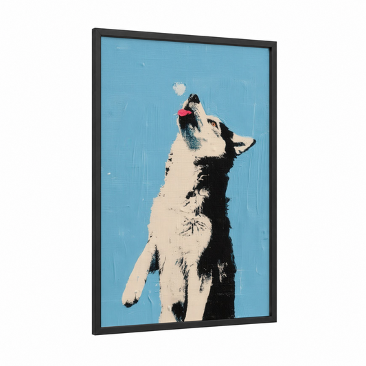 Playful Husky framed art print — black wood frame — blue and white and black and white palette