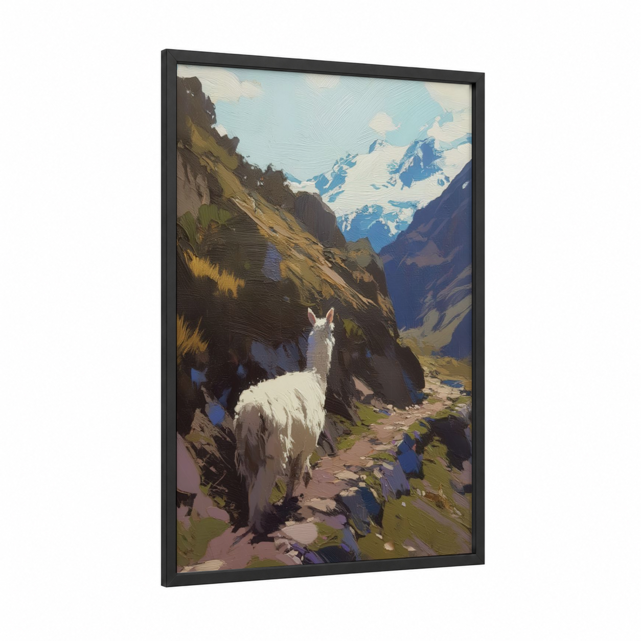Alpine Alpaca framed art print — black wood frame — blue and gold palette