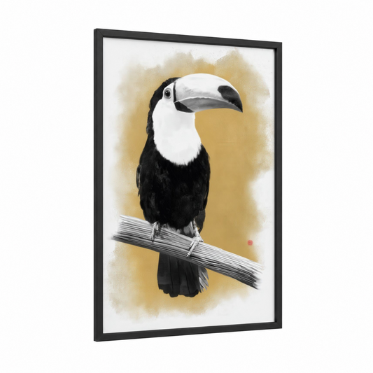 Perched Toucan framed art print — black wood frame — black and white and gold palette
