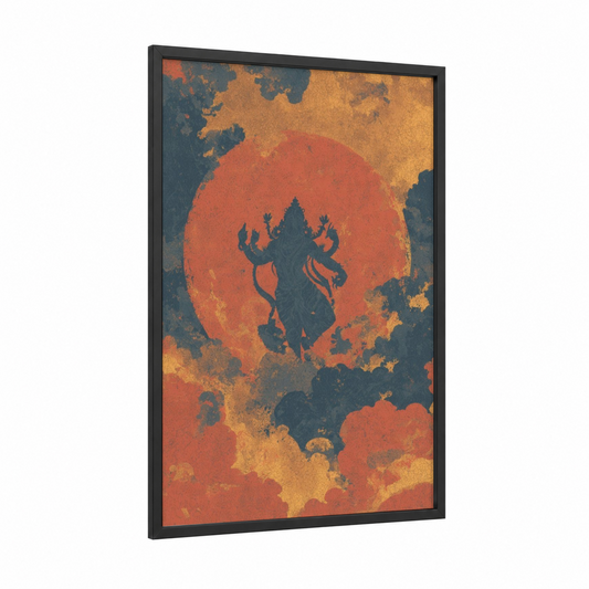 Crimson Diwali Goddess framed hindu holidays print — black wood frame — red and dark blue palette