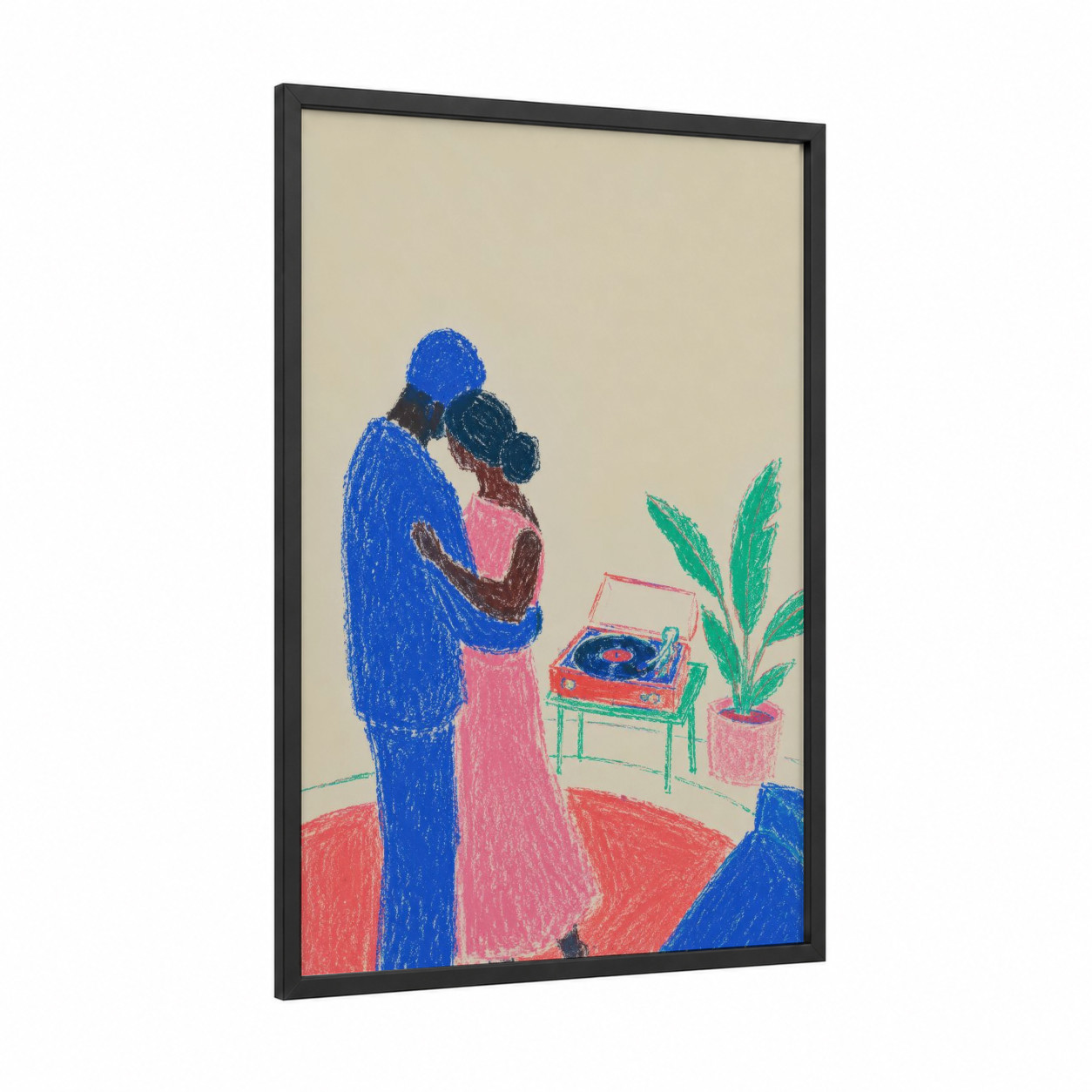 Couple Dancing With Vinyl Record Player Wall Art framed art print — black wood frame — blue and pink palette