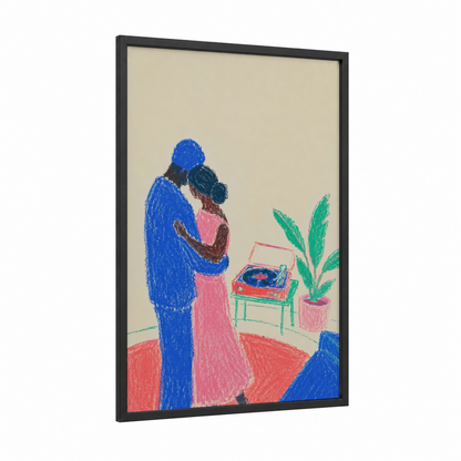 Couple Dancing With Vinyl Record Player Wall Art framed art print — black wood frame — blue and pink palette