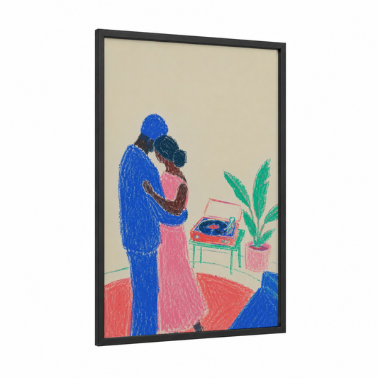 Couple Dancing With Vinyl Record Player Wall Art framed art print — black wood frame — blue and pink palette