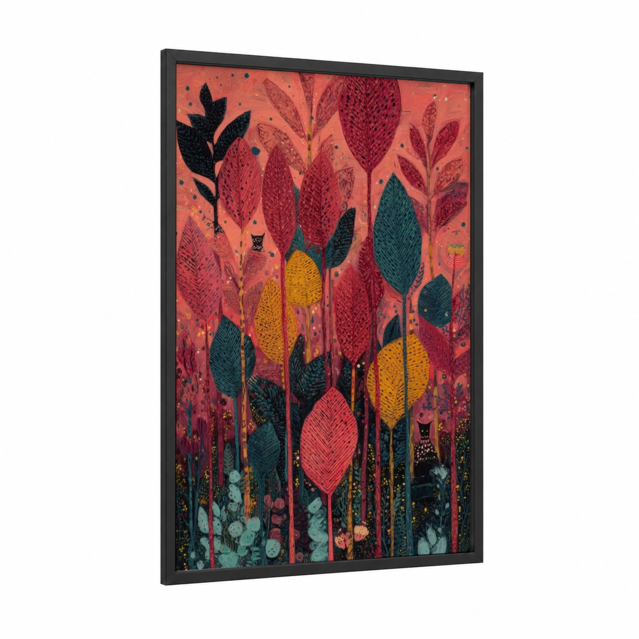 Crimson Forest Garden framed redwood tree print — black wood frame — red and dark blue palette