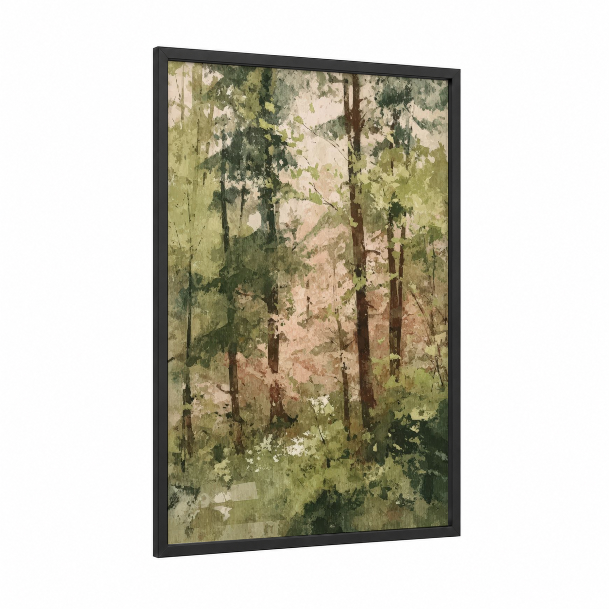 Misty Cedar Forest framed art print — black wood frame — sage green and cream palette
