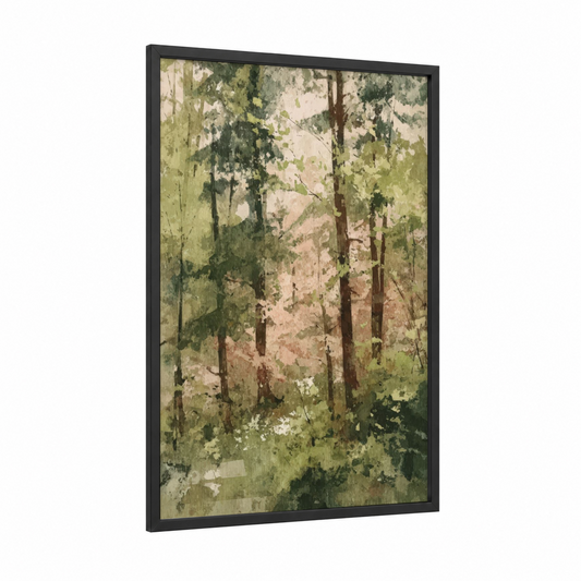 Misty Cedar Forest framed art print — black wood frame — sage green and cream palette