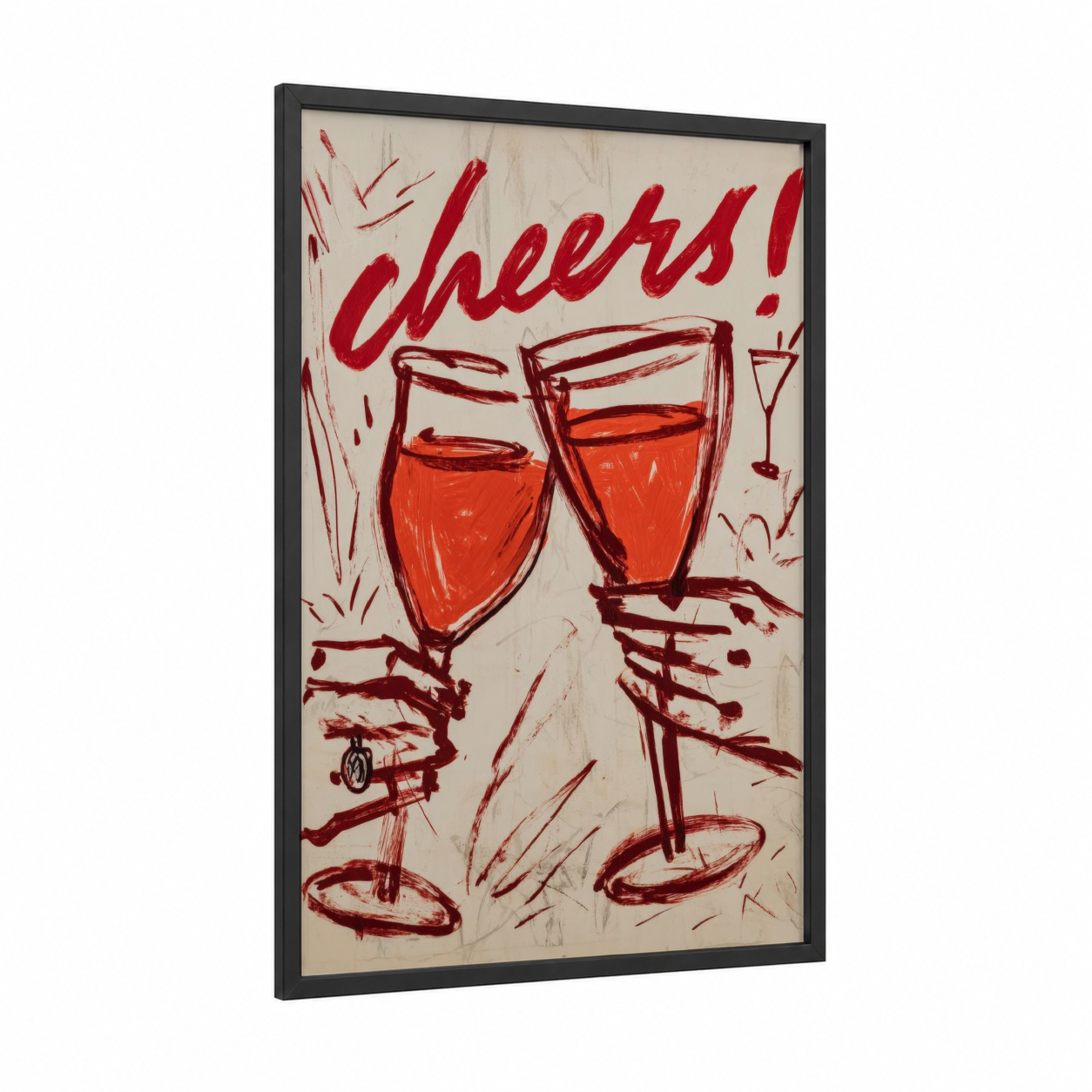 Cheers Wine Toast framed red wine print — black wood frame — red and cream palette