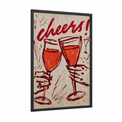 Cheers Wine Toast framed red wine print — black wood frame — red and cream palette