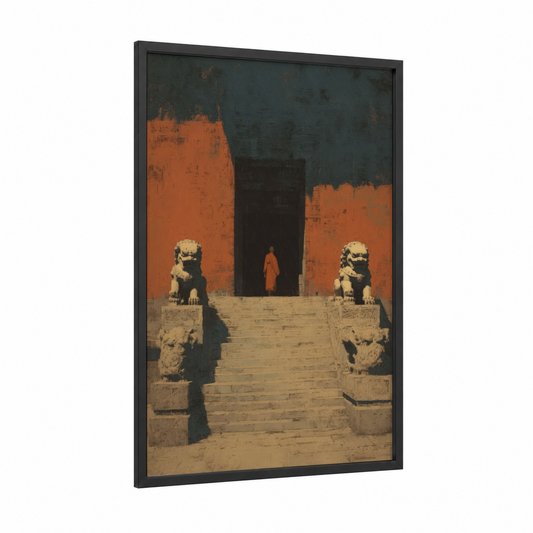 Temple Guardian Warrior framed kung fu print — black wood frame — pumpkin and gray palette