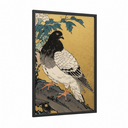 Perched Pigeon framed art print — black wood frame — gold and black and white palette