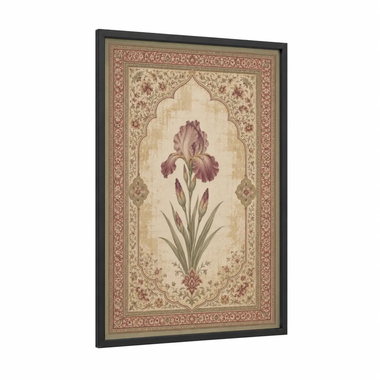 Persian Iris Floral Arch Wall Art framed art print — black wood frame — beige and maroon palette