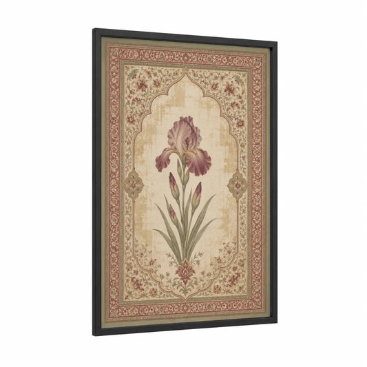 Persian Iris Floral Arch Wall Art framed art print — black wood frame — beige and maroon palette