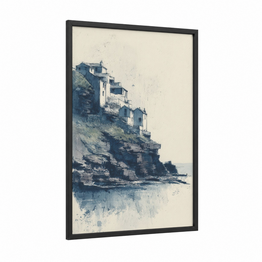 Coastal Cliff Houses framed art print — black wood frame — blue and white and gray palette