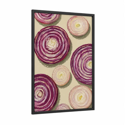 Red Onion Cross Section Wall Art framed vegetable print — black wood frame — maroon and cream palette