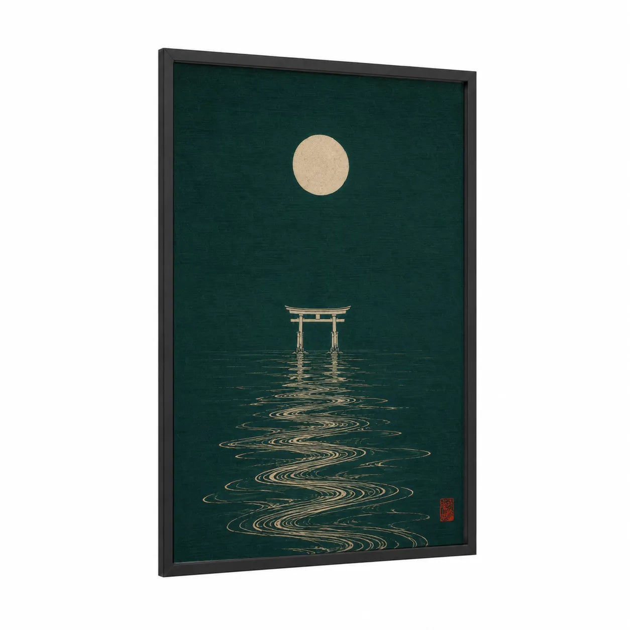 Japanese Torii Gate Ocean Wall Art framed the sun print — black wood frame — teal and cream palette