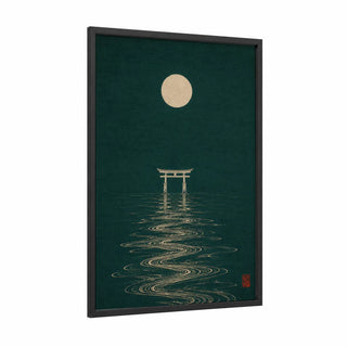 Japanese Torii Gate Ocean Wall Art framed the sun print — black wood frame — teal and cream palette