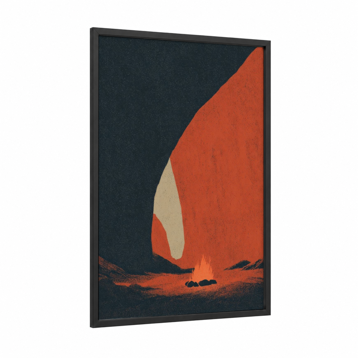 Campfire Evening framed camping print — black wood frame — dark blue and red palette