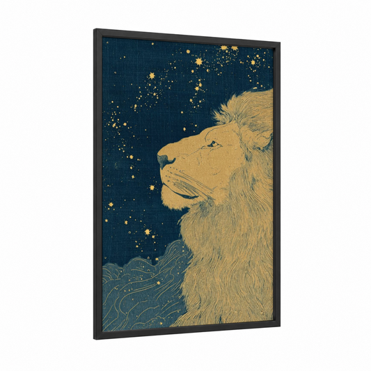 Stargazing Lion framed space print — black wood frame — dark blue and gold palette