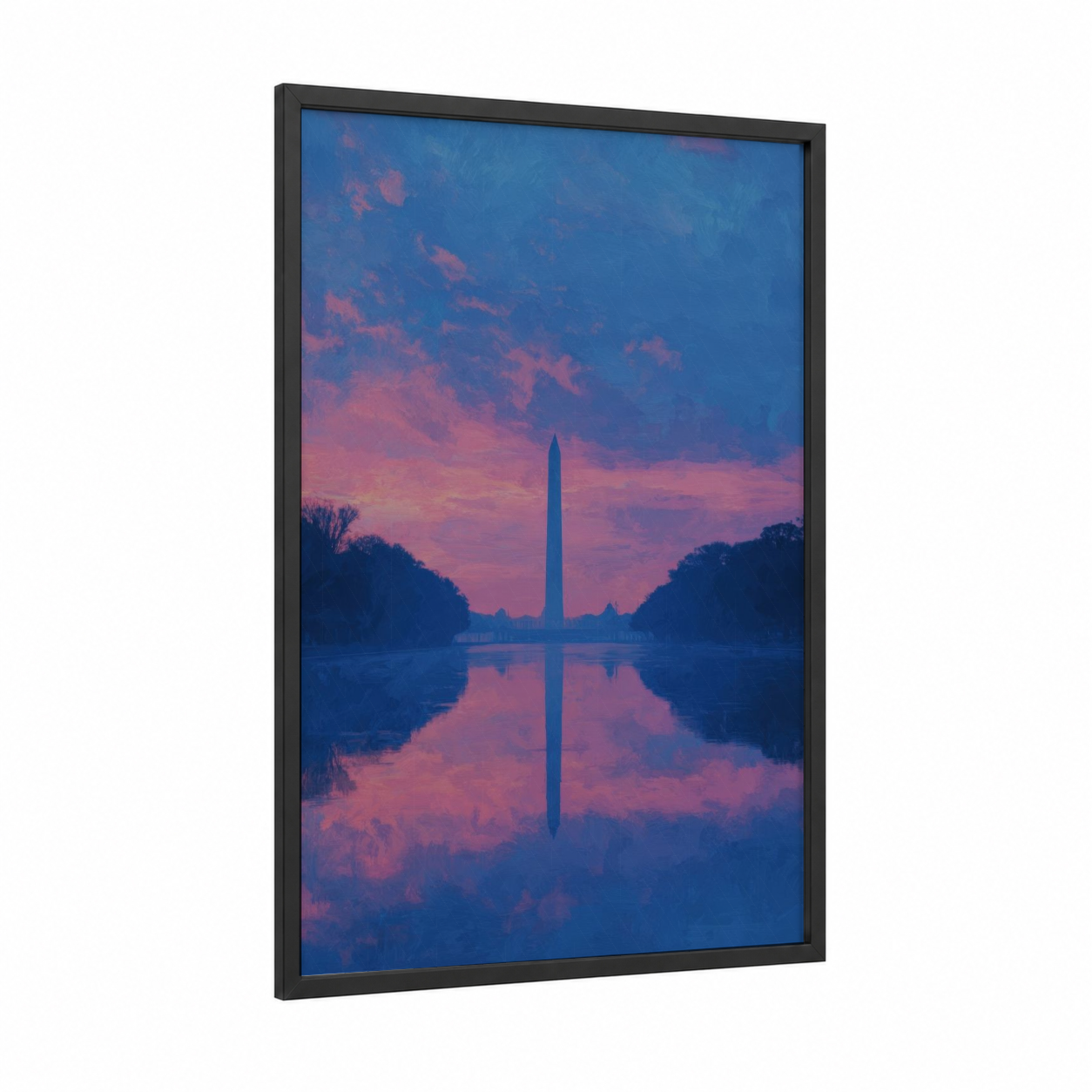 Sunrise Monument framed washington monument print — black wood frame — blue and pink palette