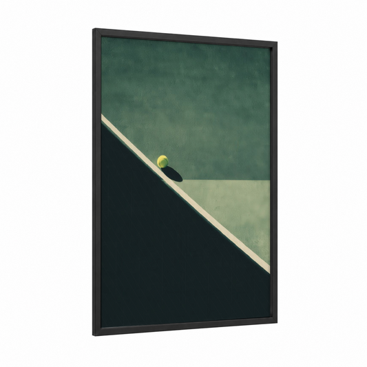 Court Geometry framed tennis print — black wood frame — dark green and light green palette