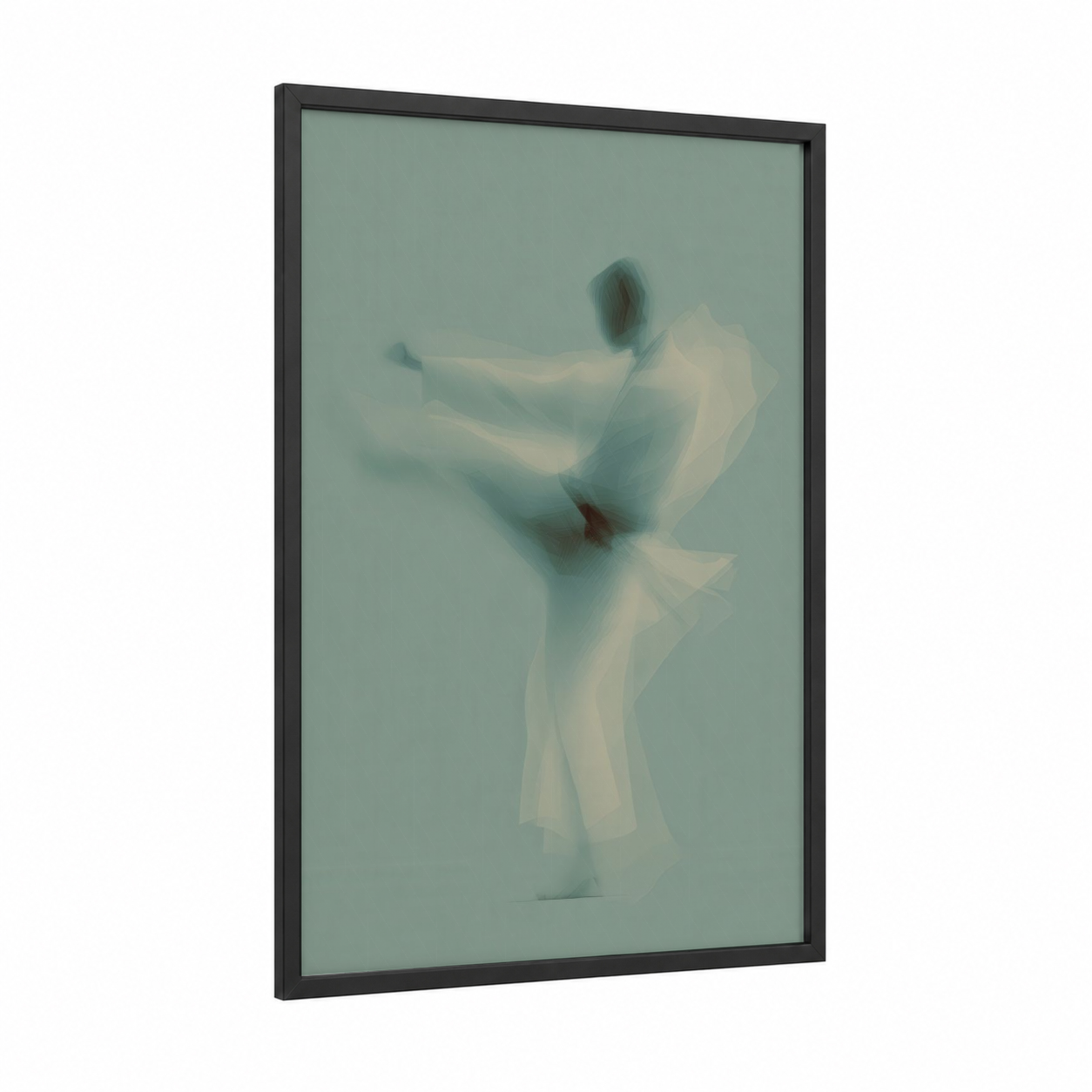 Ethereal Kick framed taekwondo print — black wood frame — teal and white palette
