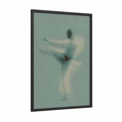 Ethereal Kick framed taekwondo print — black wood frame — teal and white palette