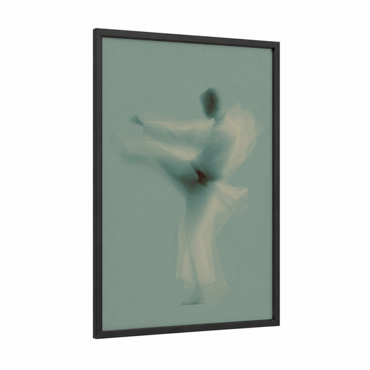 Ethereal Kick framed taekwondo print — black wood frame — teal and white palette