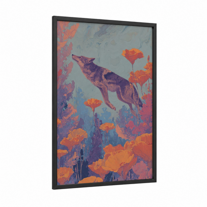 Wildflower Coyote framed art print — black wood frame — orange and blue palette