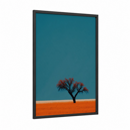 Crimson Desert Tree framed savanna and desert trees print — black wood frame — teal and orange palette