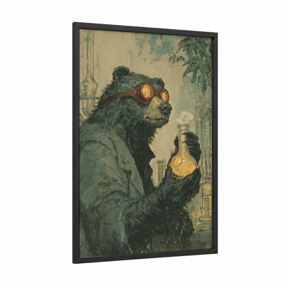 Steampunk Bear framed sloth bear print — black wood frame — sage green and gold palette